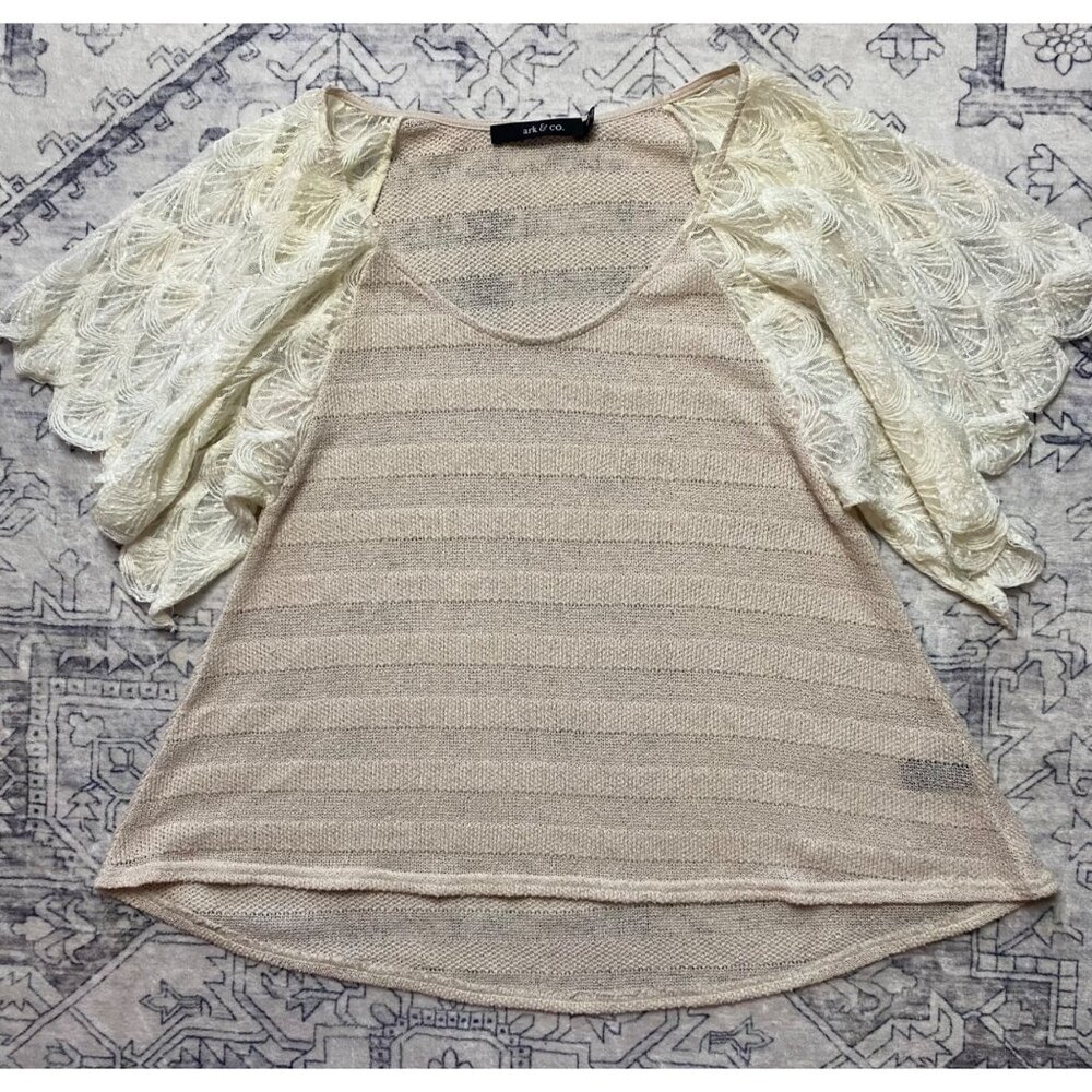 Ark & Co. Womens Small Beige Knit Top Sheer 3/4 Lace Sleeves Stretch Knit Blouse